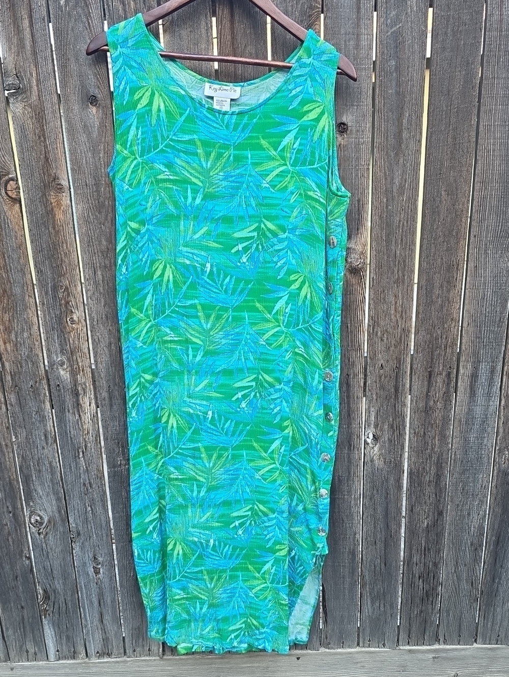 Sleeveless Green & Teal Tropical Midi Dress with Side Button Detail